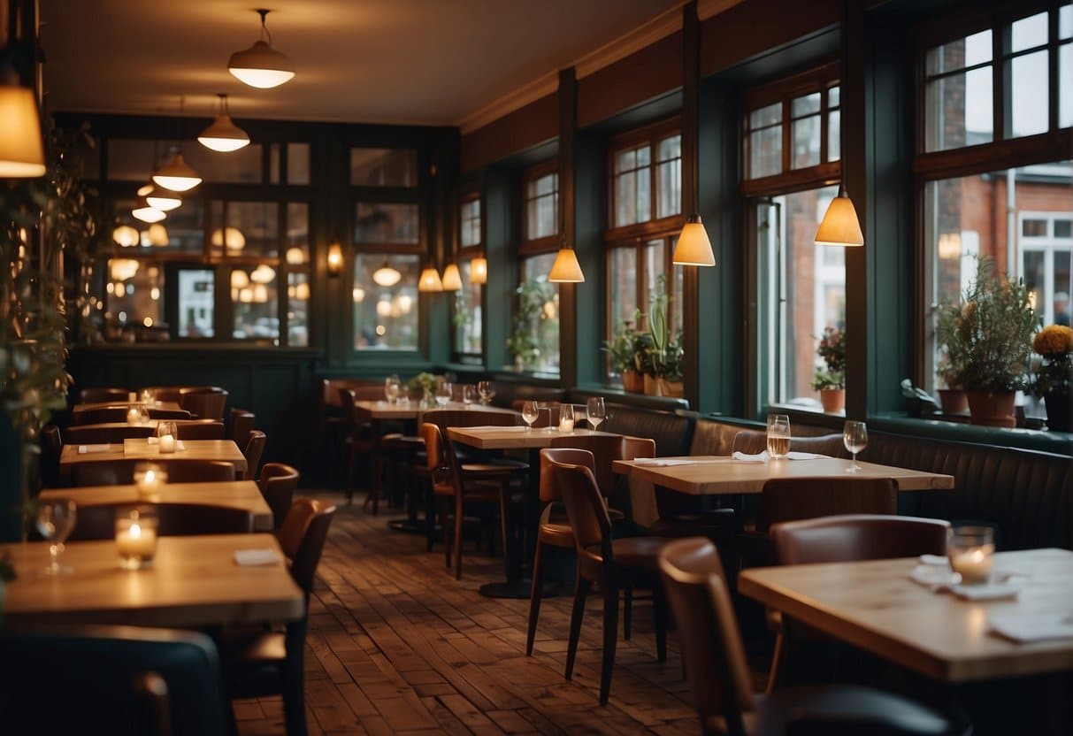 A cozy restaurant in Køge with warm lighting, elegant decor, and a bustling atmosphere of diners enjoying their meals