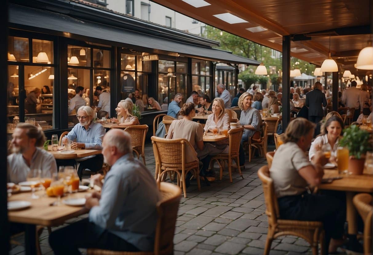 A bustling restaurant scene in Køge, with diners enjoying diverse cuisines and vibrant ambiance. Tables are adorned with colorful dishes and drinks, while chefs work diligently in the open kitchen