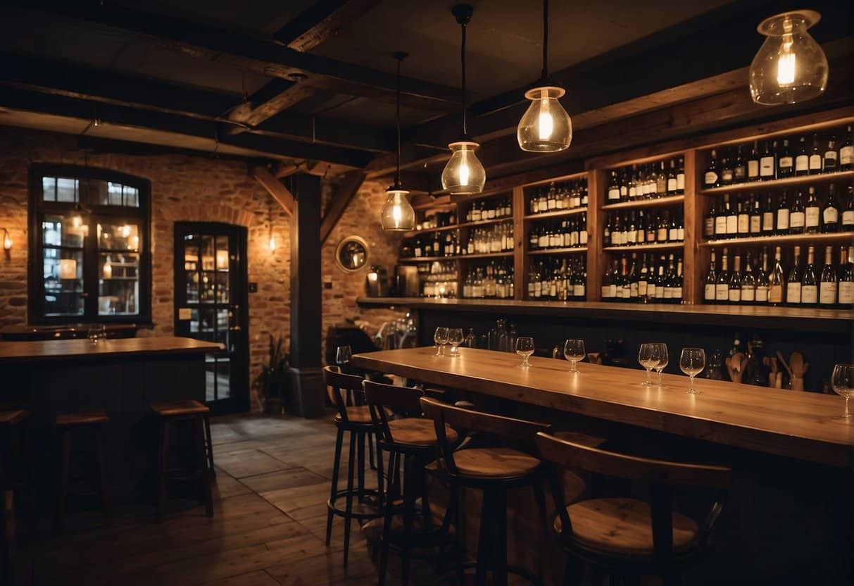 A cozy wine bar in Vejle, with dim lighting and rustic decor. Glasses clink and laughter fills the air as patrons enjoy the best local cuisine