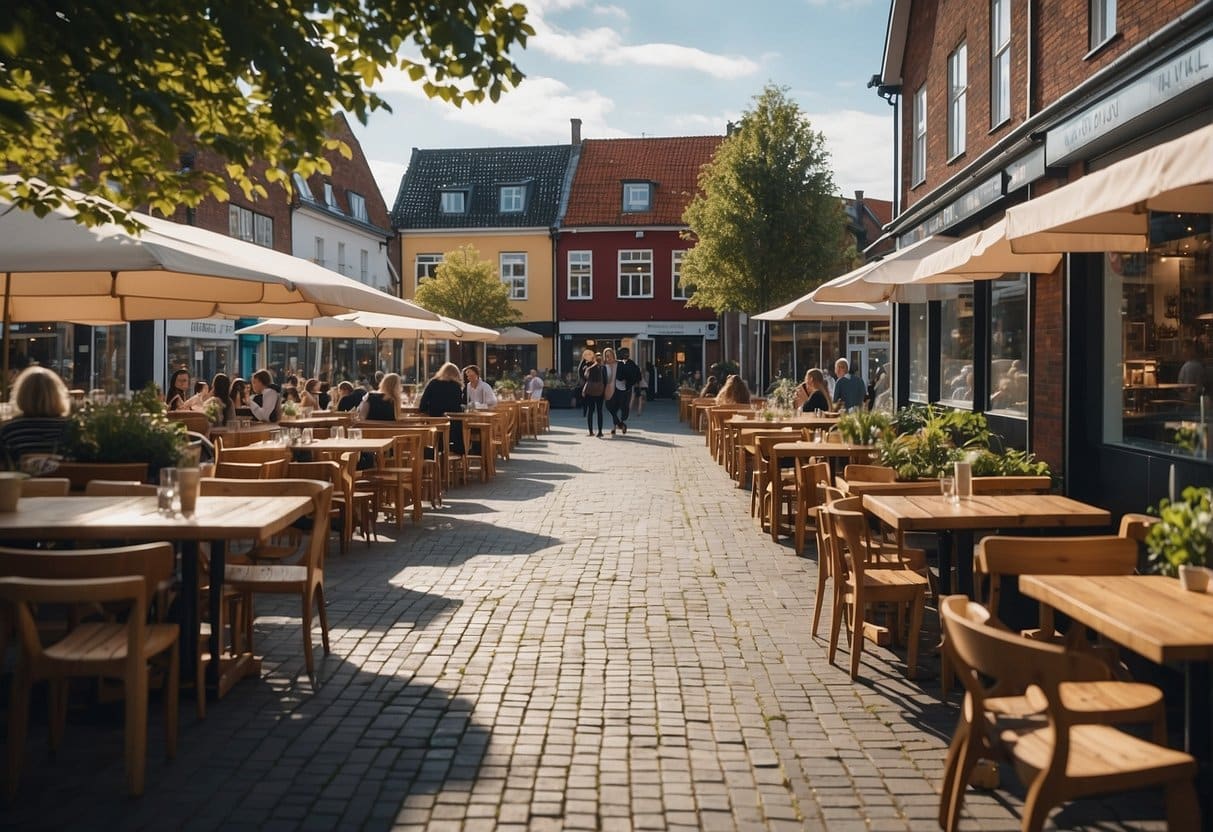 A bustling street in Vejle with colorful storefronts and outdoor seating at the best restaurants, with people enjoying delicious meals and a lively atmosphere