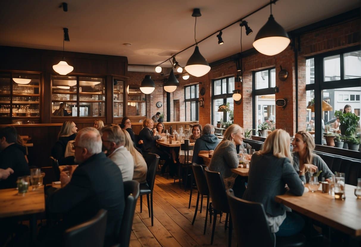 A bustling street lined with charming cafes and restaurants in Vejle, Denmark, with outdoor seating and colorful signage