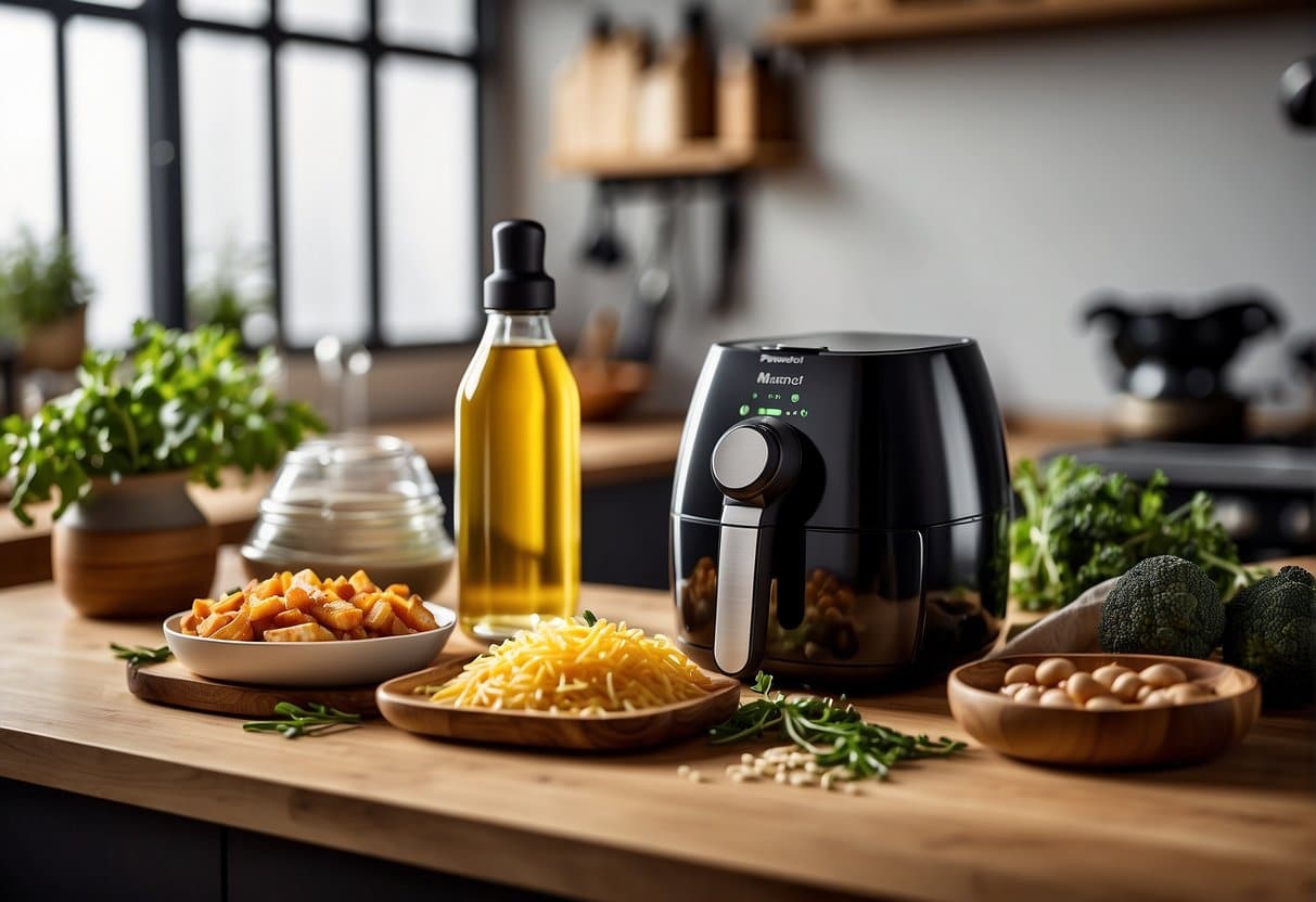 A modern kitchen counter with an Airfryer in use, surrounded by various cooking oils and ingredients, showcasing the benefits of using an Airfryer and the best oils for it