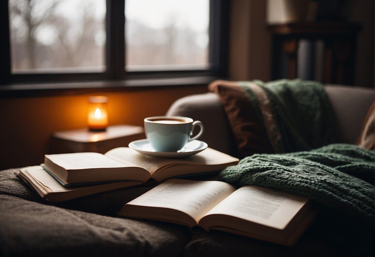 A cozy reading nook with a pile of books, a warm blanket, and a cup of tea, surrounded by soft lighting and comfortable seating