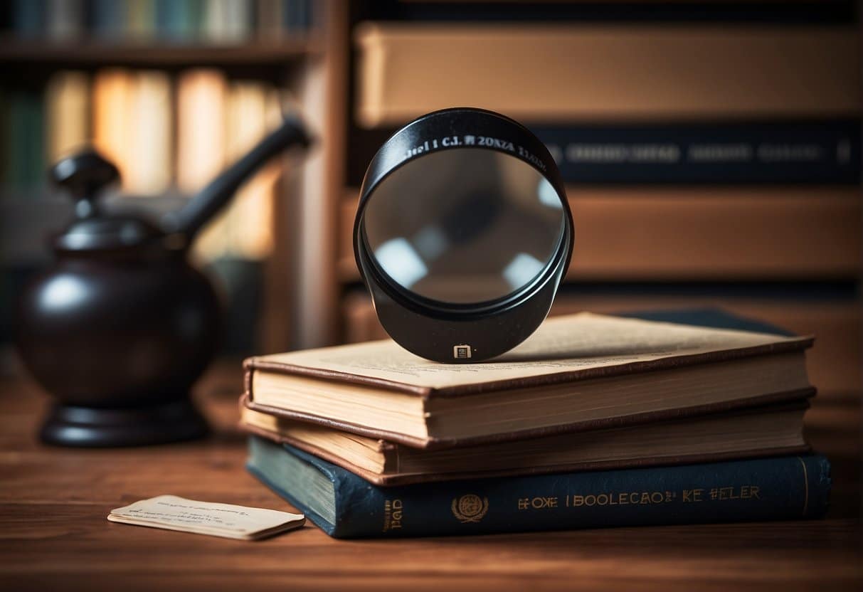 A stack of books with "Analyse af Noveller Bedste Noveller" on the cover, surrounded by a magnifying glass and pencil