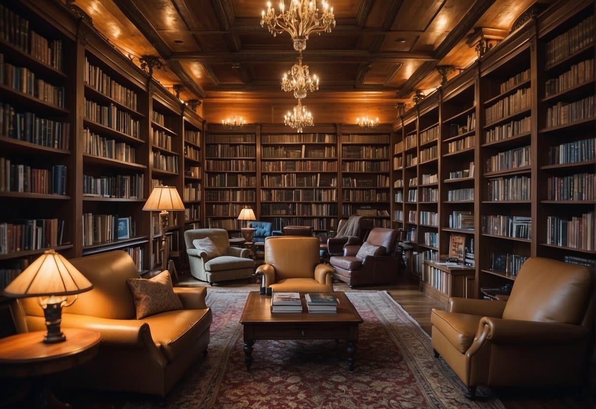 A cozy library with shelves filled with foreign novels, a warm fireplace, and a comfortable reading nook with a plush armchair and a soft blanket