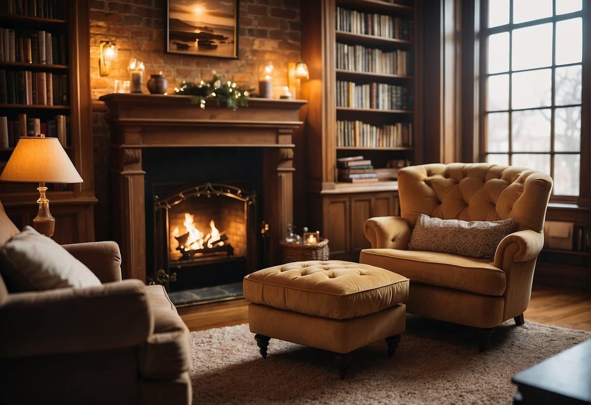 A cozy library with shelves filled with books, a crackling fireplace, and a comfortable armchair bathed in warm, golden light