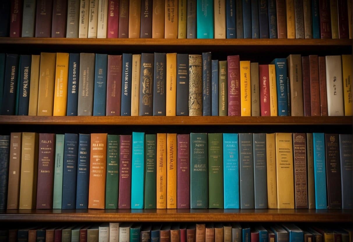 A collection of literary genres, featuring the best novels, displayed on a bookshelf with various colorful spines and titles