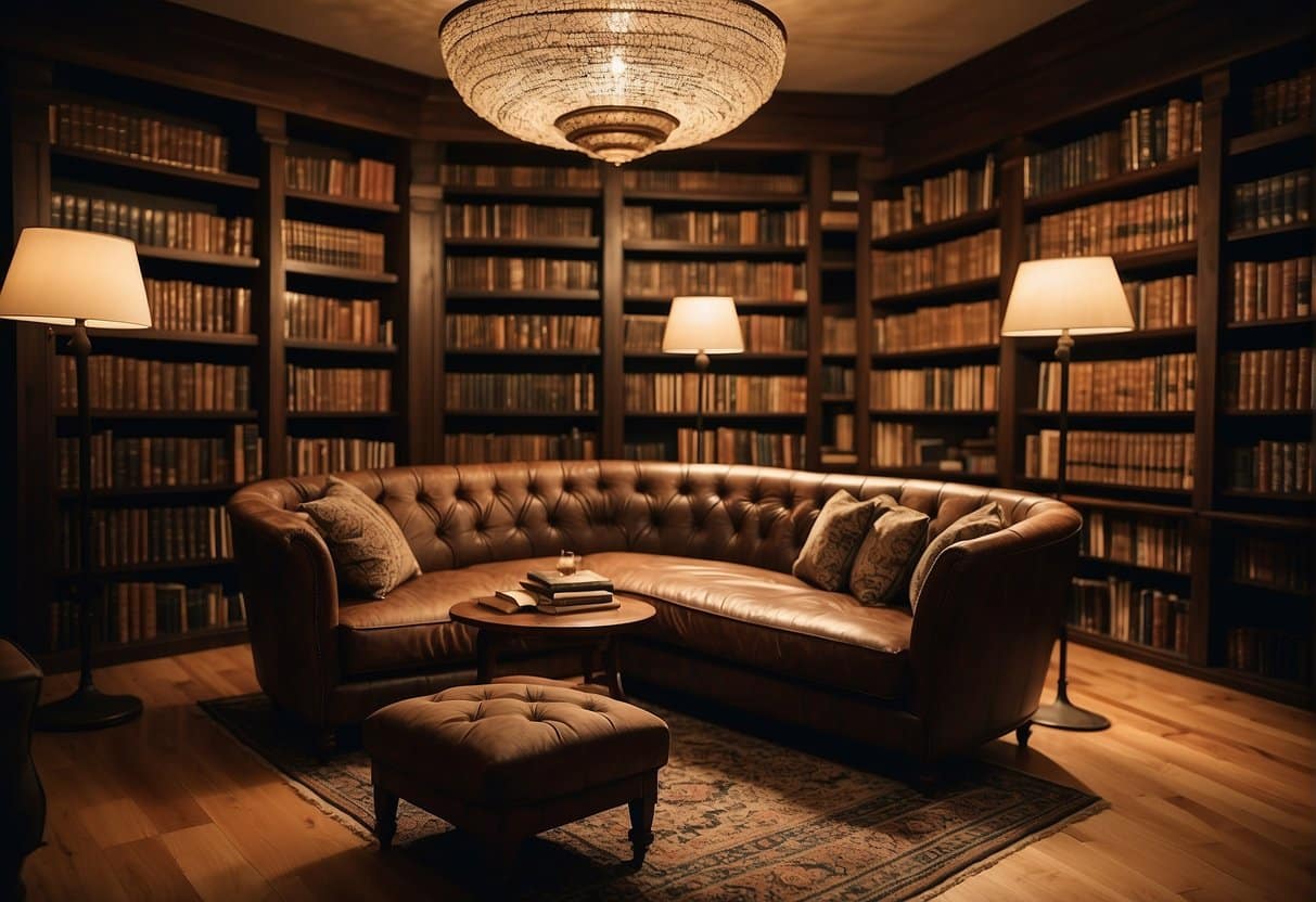 A cozy library with dim lighting, shelves filled with books, and a comfortable reading nook in the corner