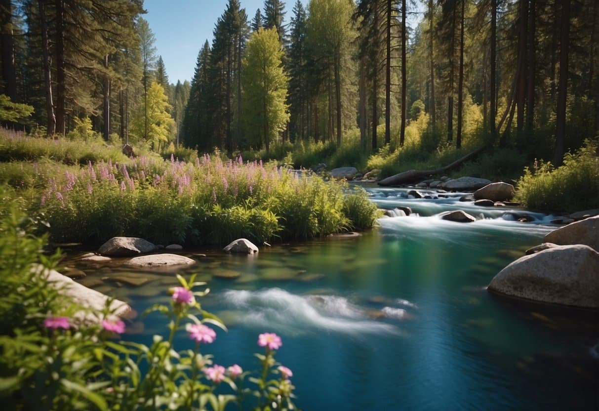 A tranquil forest with a winding river, colorful flowers, and a clear blue sky