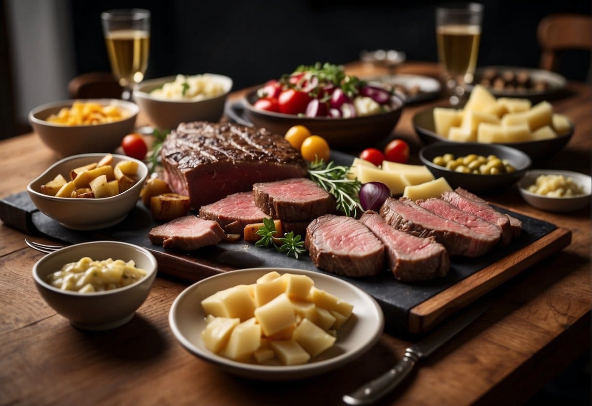 A table set with a traditional raclette grill, surrounded by various cuts of premium beef, and historical artifacts related to raclette tradition