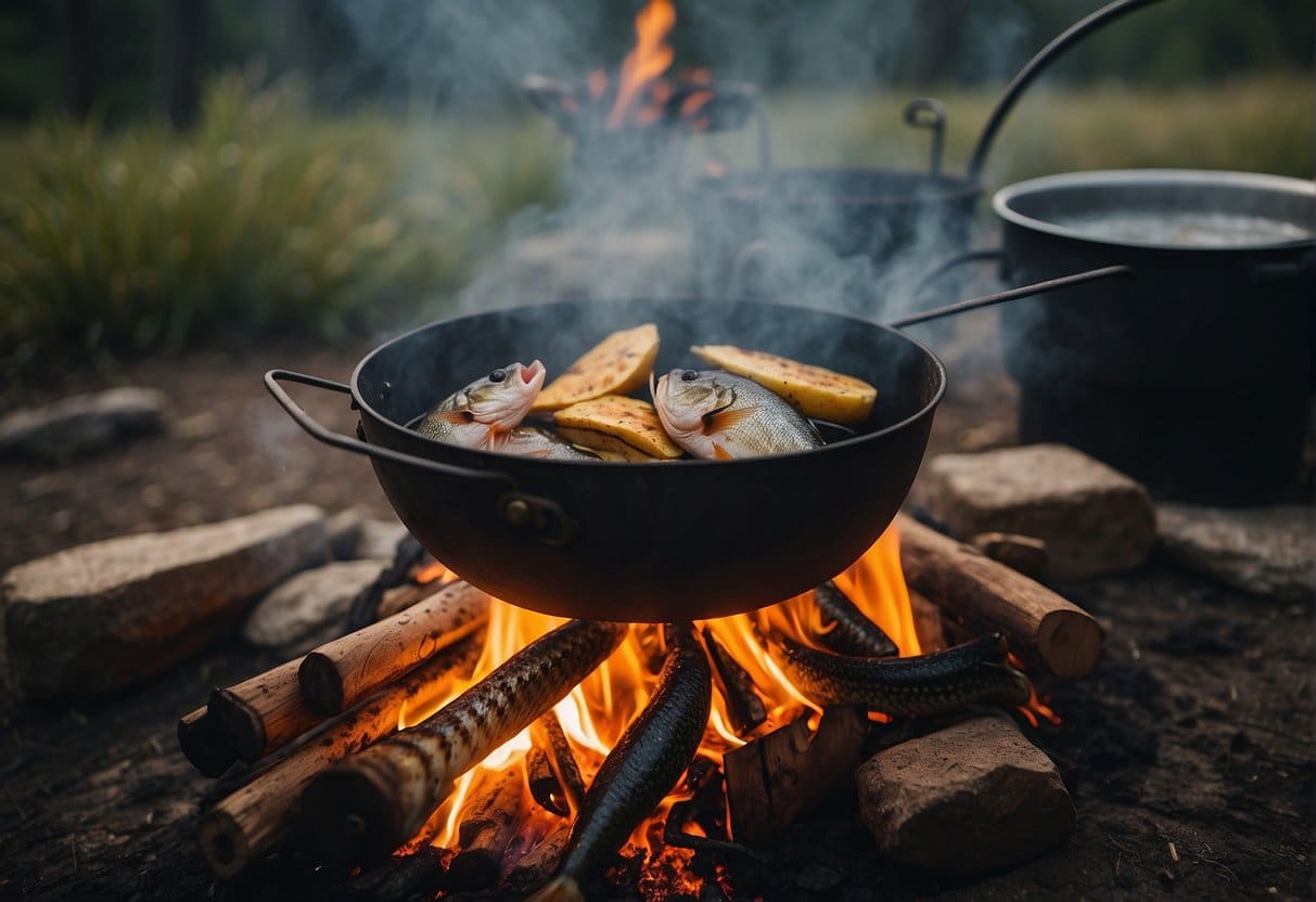 A roaring campfire surrounded by rugged wilderness, with a rustic cooking pot hanging over the flames and a fresh catch of fish sizzling on the grill