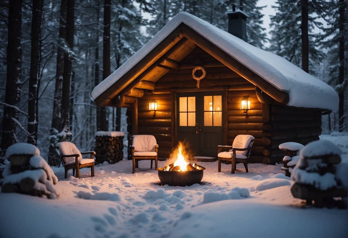 A rustic outdoor cooking scene with a campfire, cast iron pots, and wild game being prepared for a meal