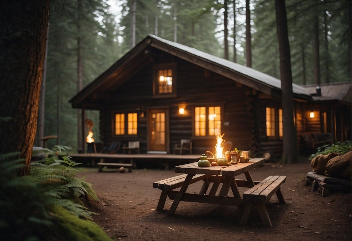 A cozy cabin in a serene forest, with a crackling fire and a rustic table set for a hearty meal of fresh game and foraged ingredients