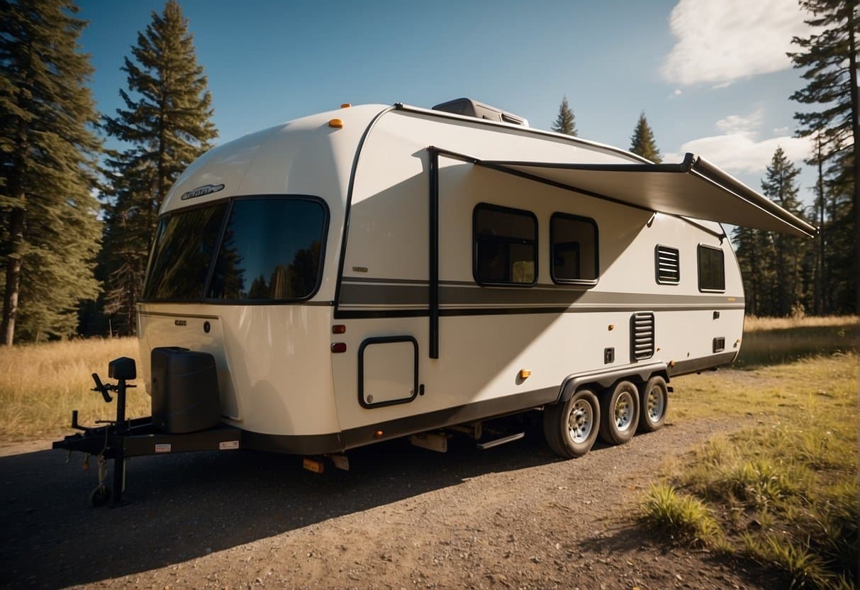 A camping trailer with a mover attached, navigating a tight turn in a campground