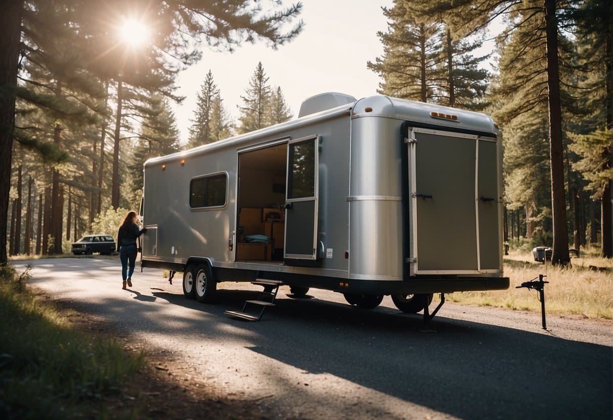 A mover hitching a camping trailer to a vehicle