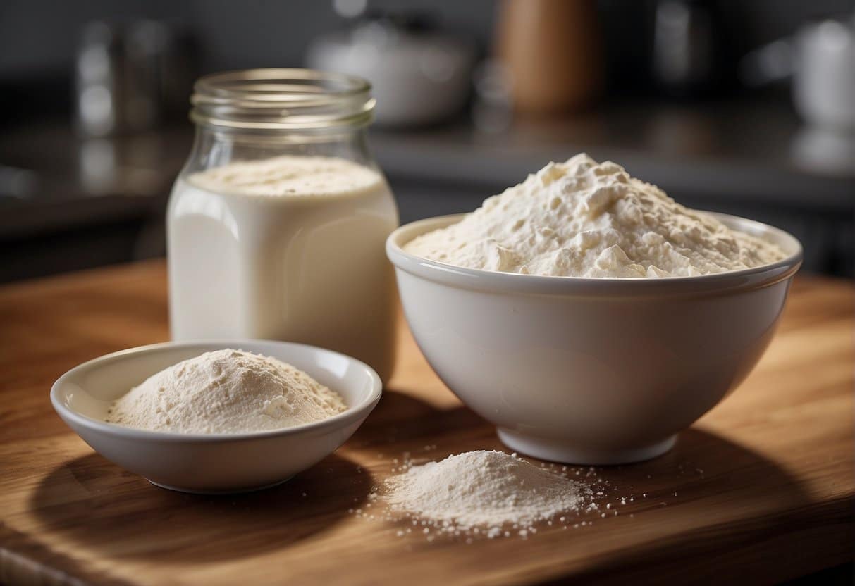 A bowl of flour, water, and sourdough starter sits on a kitchen counter, ready to be mixed and maintained for the best sourdough bread