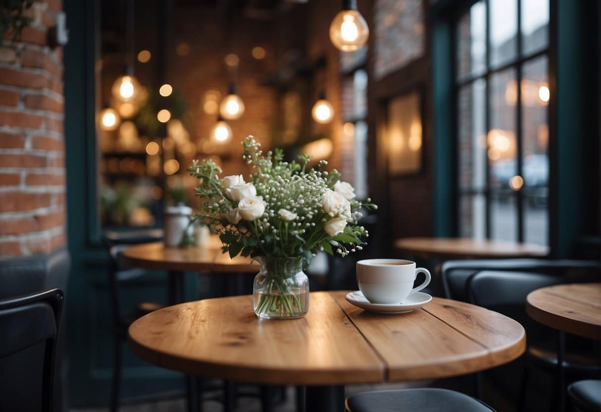 A cozy cafe in Copenhagen with soft lighting, a rustic brick wall, and a small table set for two with a vase of fresh flowers