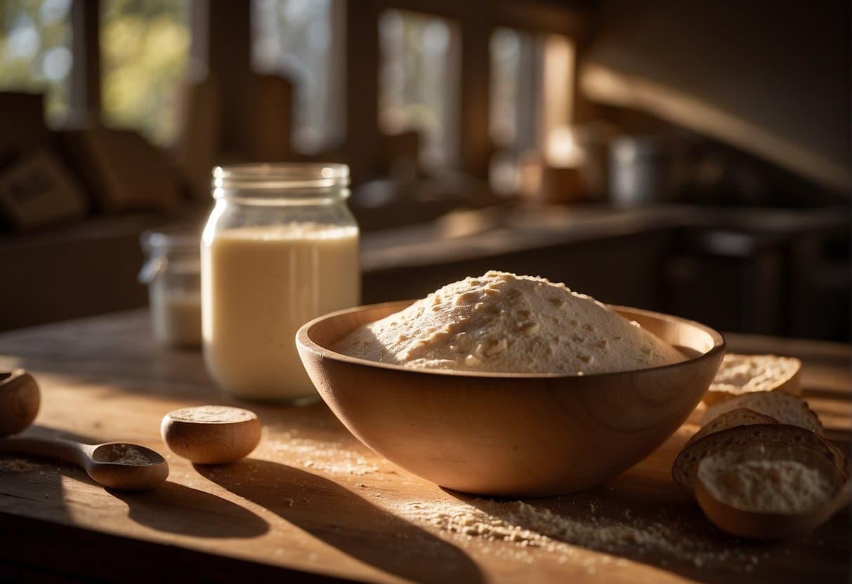 A bowl of sourdough starter sits on a wooden table, surrounded by bags of flour and a rolling pin. Sunlight streams through a nearby window, casting a warm glow on the scene