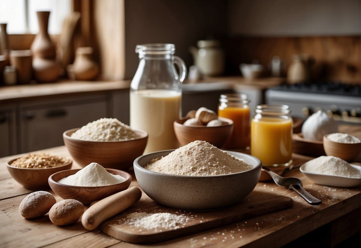 A rustic kitchen counter with various types of flour and sourdough starter, surrounded by baking tools and recipe books