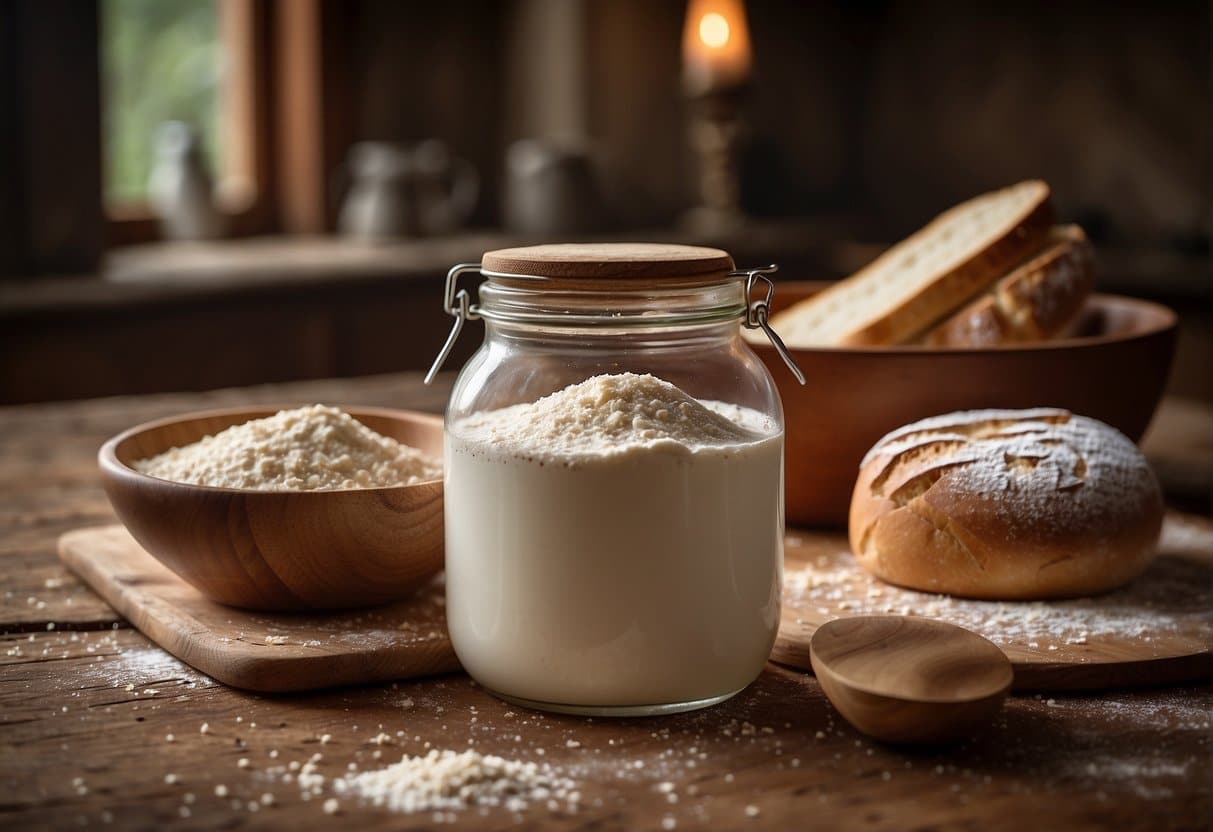 A rustic wooden table with a bowl of sourdough starter, a bag of flour, and a jar of water. A few scattered crumbs and a dusting of flour add to the cozy, homemade feel