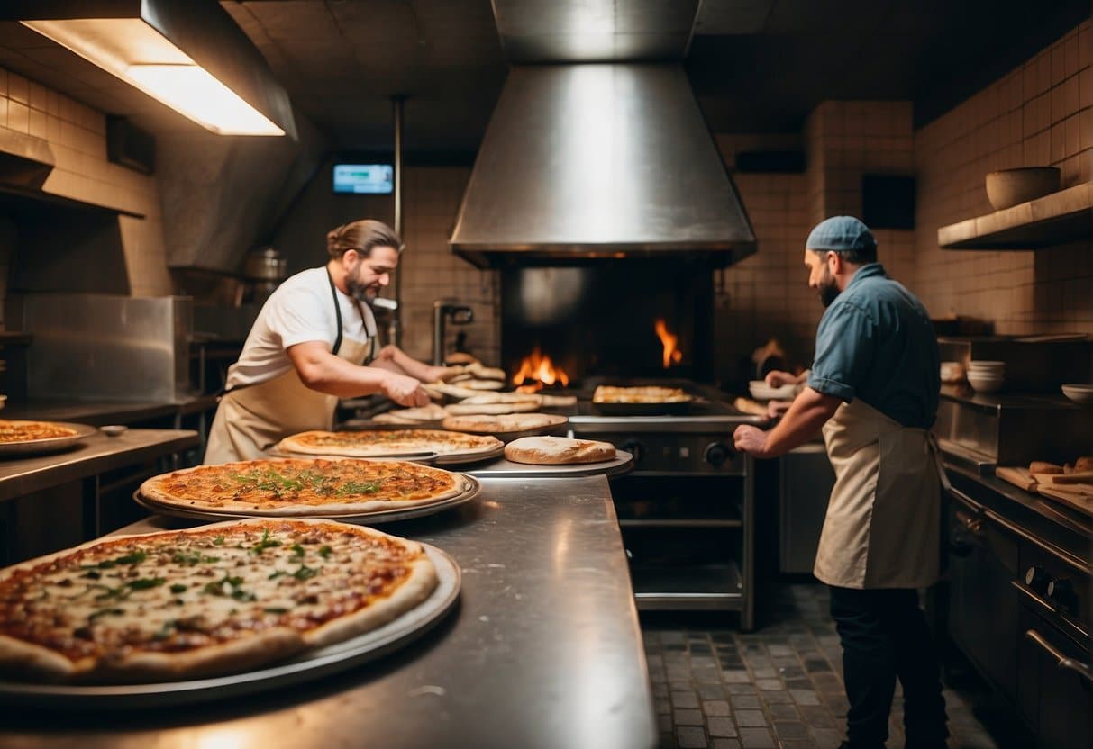 A bustling pizzeria on Amager, with a wood-fired oven, chefs tossing dough, and a counter lined with fresh toppings and ingredients