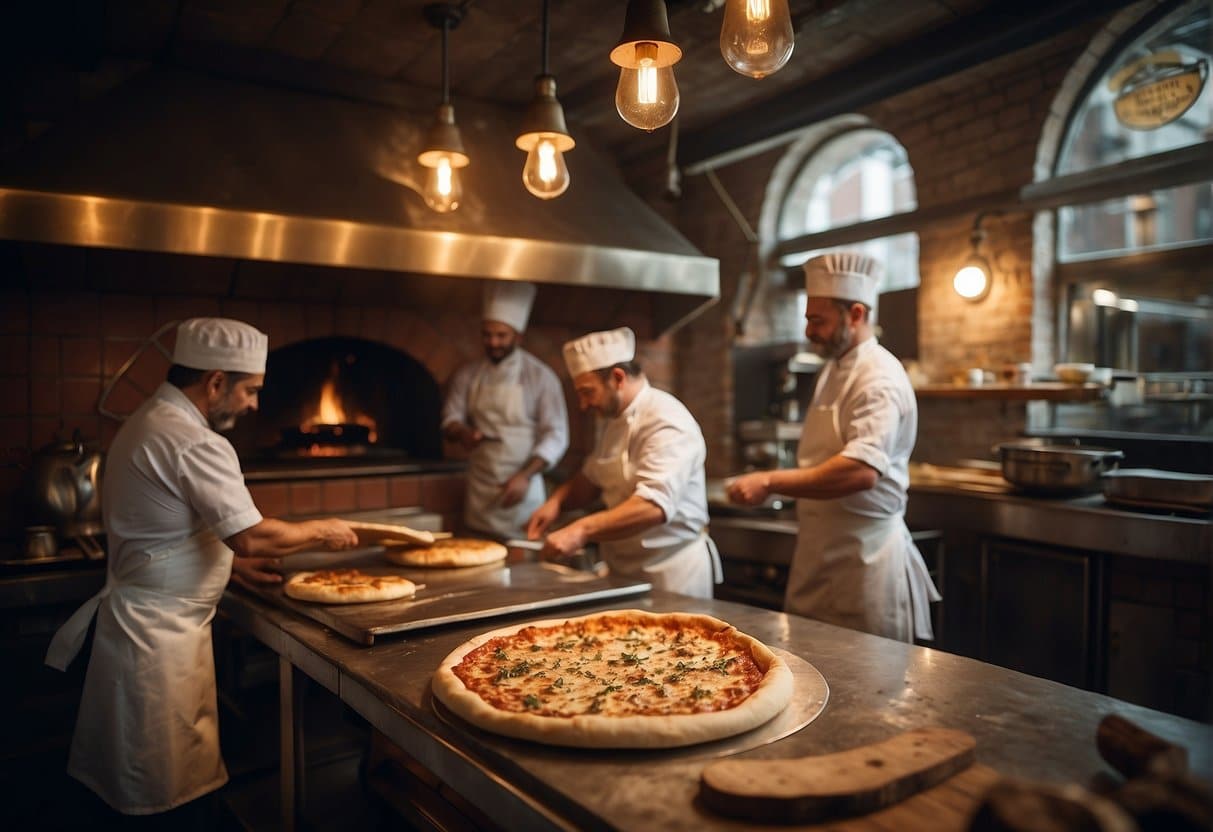 A bustling pizzeria on Amager, with chefs tossing dough and a wood-fired oven. Customers enjoy their pizzas at rustic wooden tables