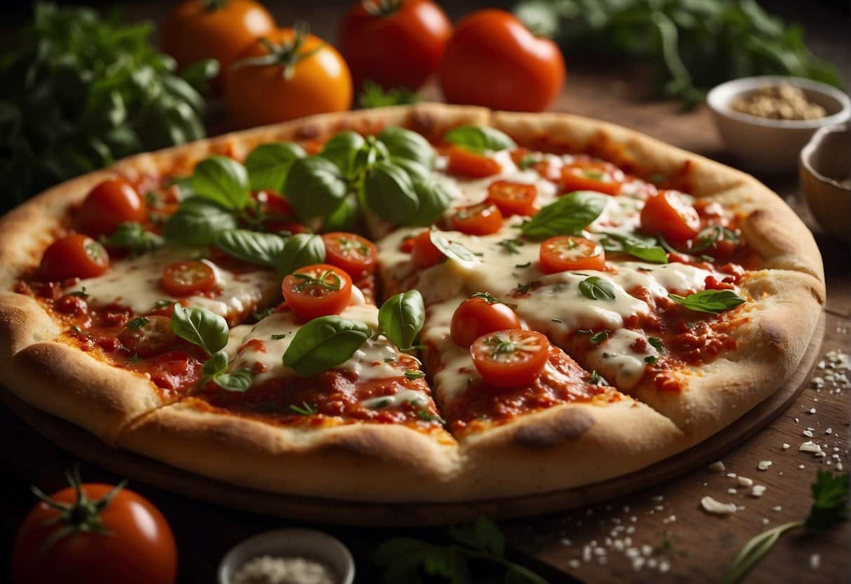 A steaming hot pizza sits on a rustic wooden table, surrounded by fresh ingredients and herbs. The aroma of melted cheese and savory tomato sauce fills the air