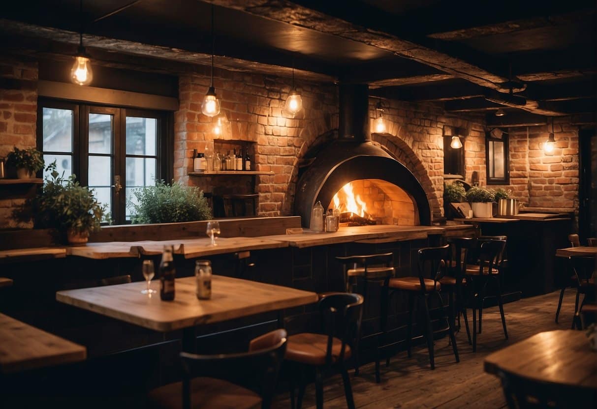 A cozy pizzeria on Amager with a wood-fired oven, rustic decor, and a bustling atmosphere