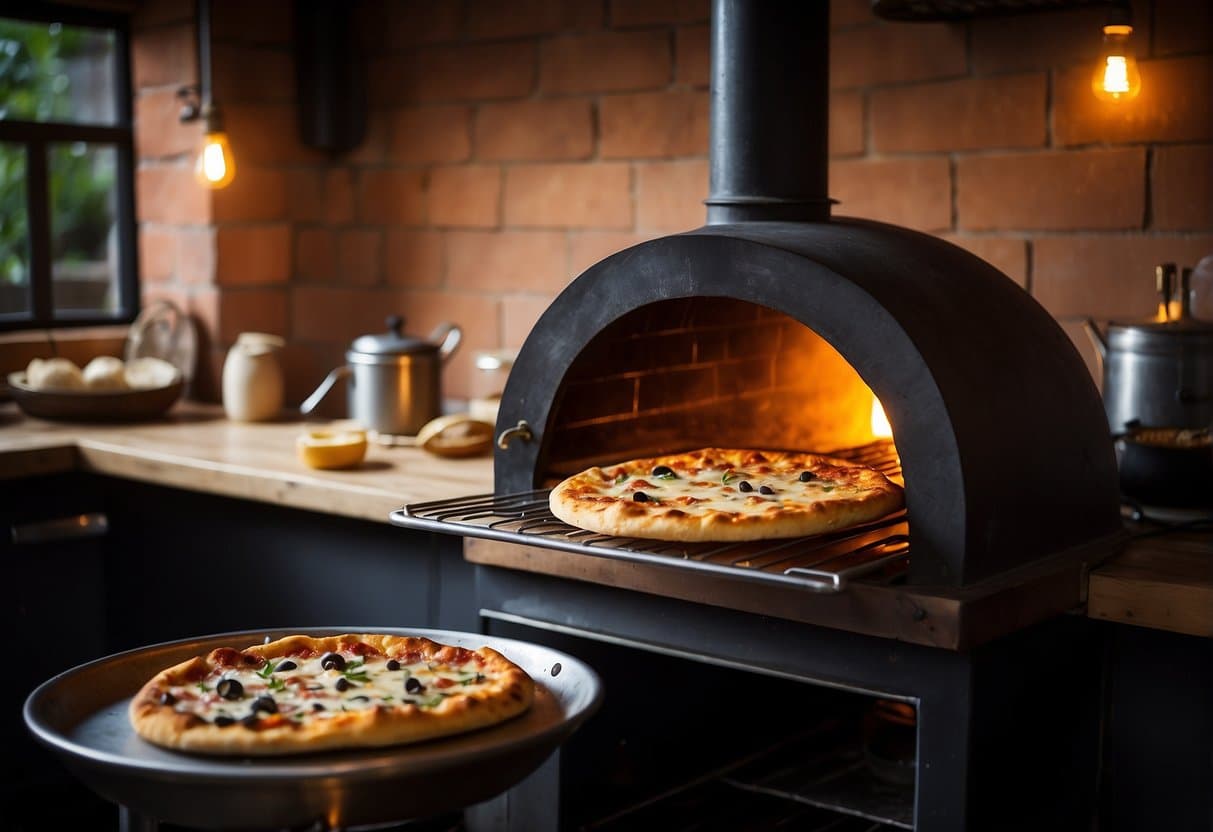 A bustling pizzeria on Amager with a wood-fired oven, chefs tossing dough, and diners enjoying their meals