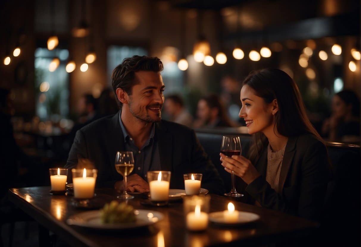 A cozy cafe with dim lighting, scattered with small tables and flickering candles. Soft music plays in the background as couples enjoy intimate conversations over glasses of wine