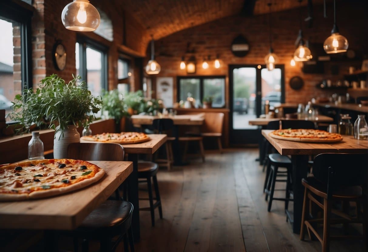 A large, sizzling pizza emerges from a traditional wood-fired oven, surrounded by fresh ingredients and a rustic Italian atmosphere