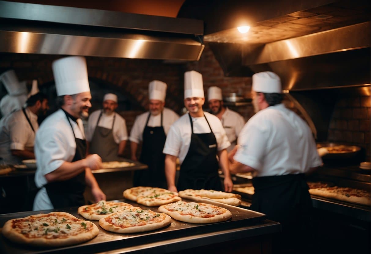 A bustling pizzeria in Roskilde, with a brick oven and chefs tossing dough. Tables filled with happy customers enjoying their slices