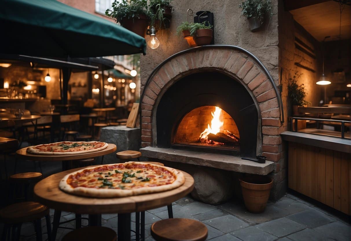 A cozy pizzeria on Østerbro with a wood-fired oven, rustic decor, and a bustling atmosphere. The aroma of freshly baked pizza fills the air as customers enjoy their delicious meals