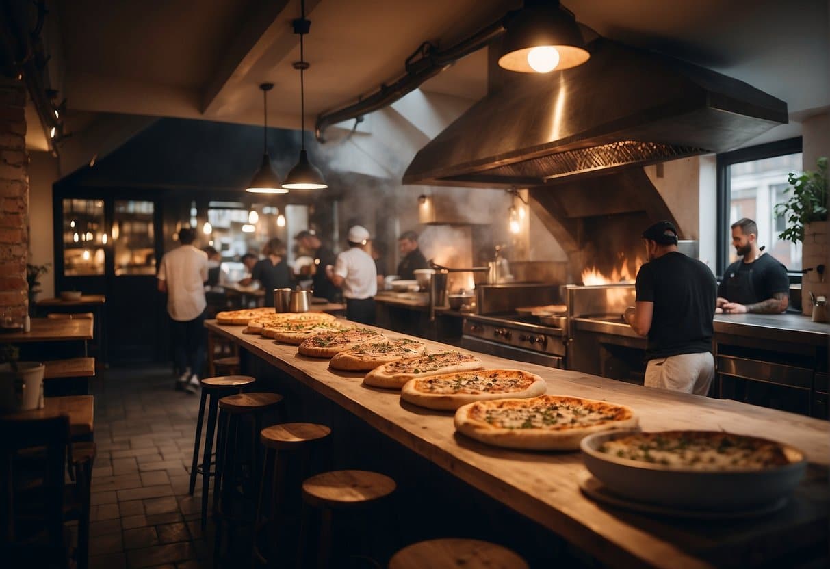 A cozy pizzeria in Østerbro, with a wood-fired oven, chefs tossing dough, and a bustling dining area with happy customers