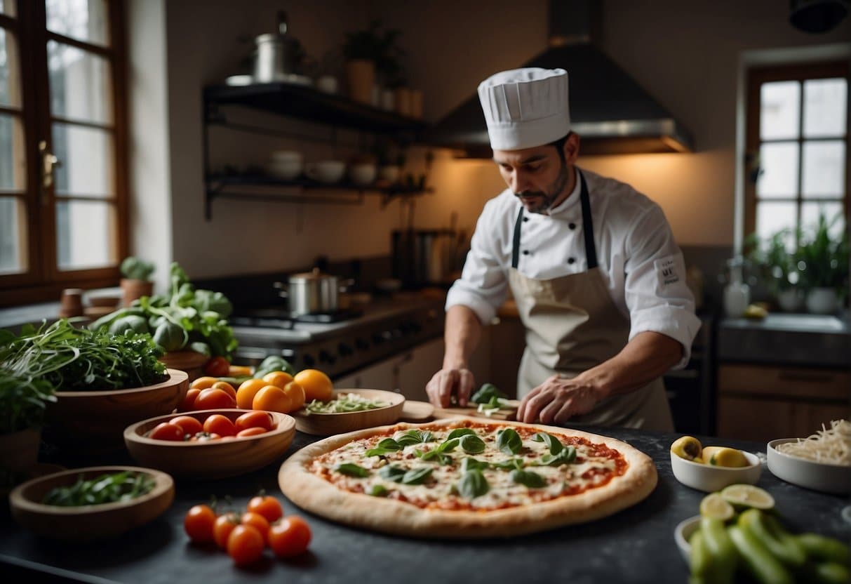 A chef prepares a gourmet pizza with fresh ingredients in a cozy kitchen on Østerbro, showcasing the quality and care put into each delicious pie