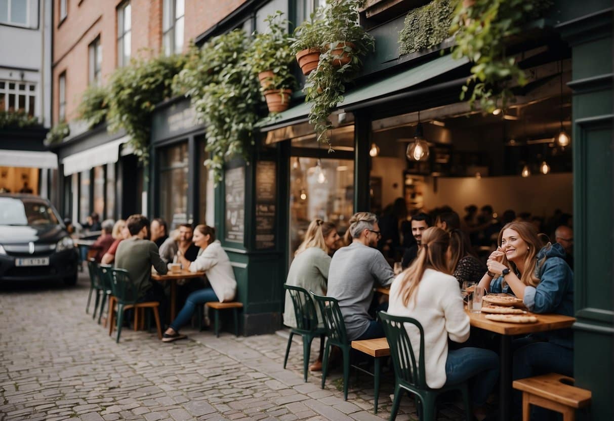 A bustling pizzeria in Copenhagen's Østerbro district, with customers enjoying delicious pizzas and a lively atmosphere