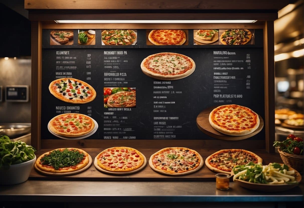 A colorful array of pizza toppings displayed on a menu board, with the words "Menukortets Mangfoldighed Bedste Pizza på Østerbro" prominently featured