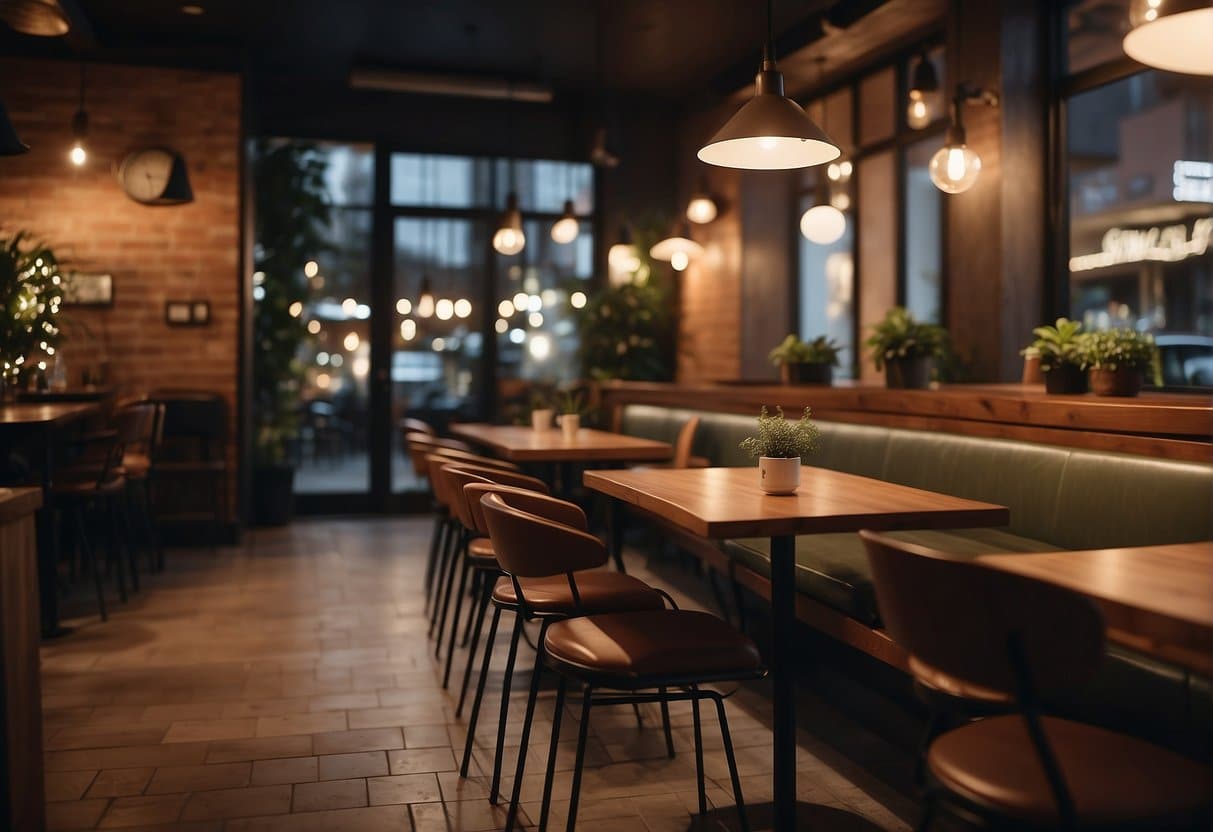 A cozy café with dim lighting and comfortable seating. Subtle background music sets a relaxed atmosphere