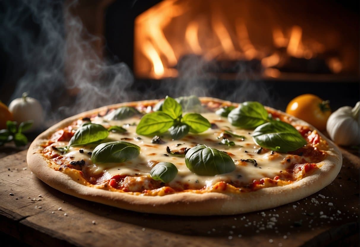 A steaming hot pizza emerges from a wood-fired oven, topped with melted cheese and fresh basil, surrounded by rustic Italian ingredients