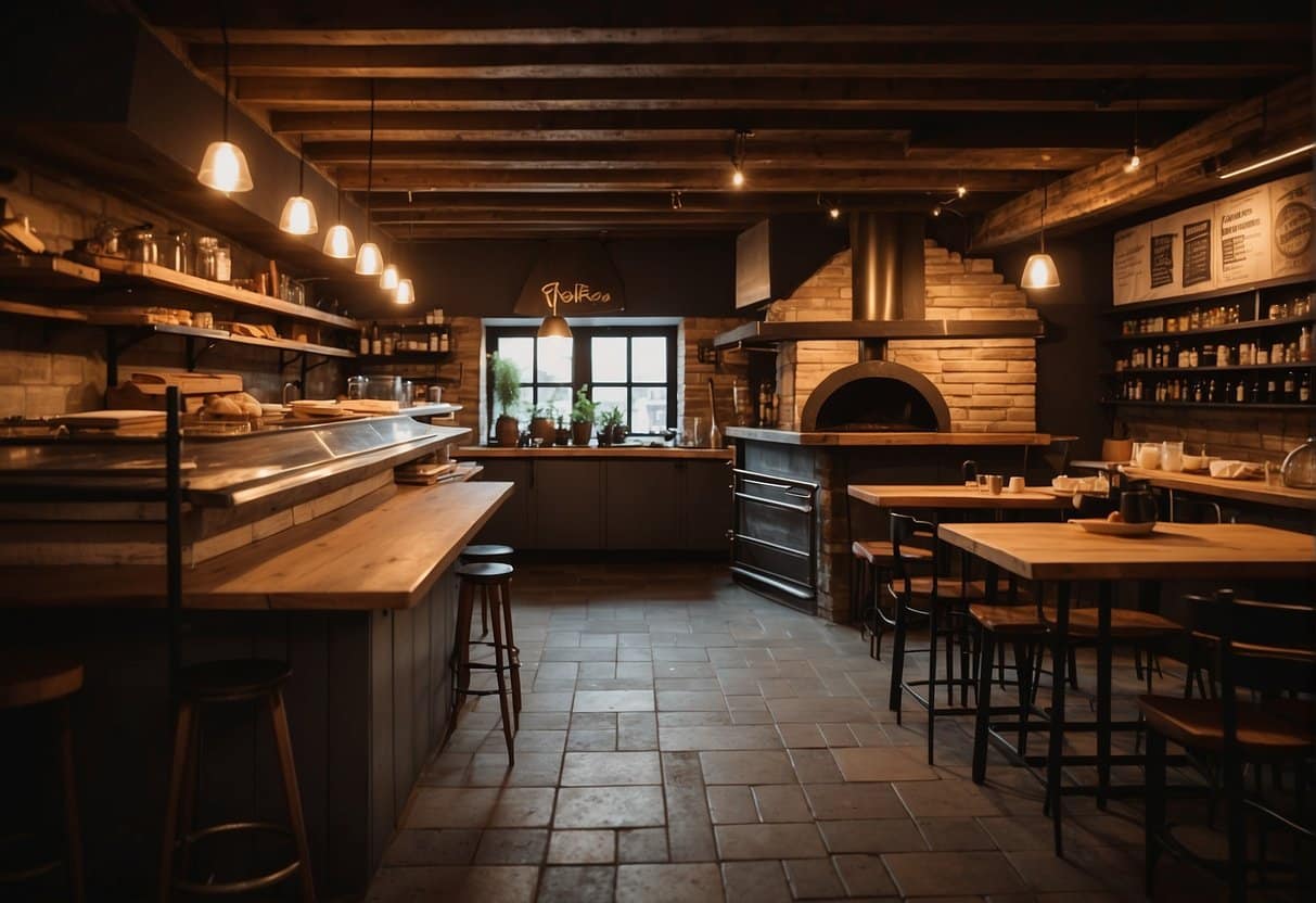 A cozy pizzeria in Næstved, with warm lighting and rustic decor. A wood-fired oven takes center stage, surrounded by shelves of fresh ingredients