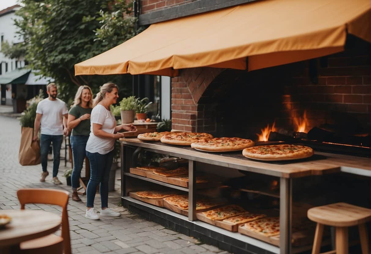 A bustling pizzeria in Næstved, with steaming ovens, a counter lined with fresh ingredients, and a team of chefs expertly tossing dough