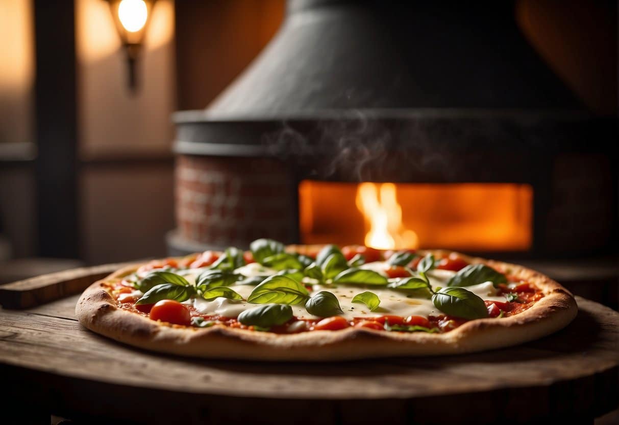 A steaming hot pizza sits on a rustic wooden table, surrounded by fresh ingredients like tomatoes, basil, and mozzarella. The warm glow of the pizza oven in the background adds to the cozy atmosphere