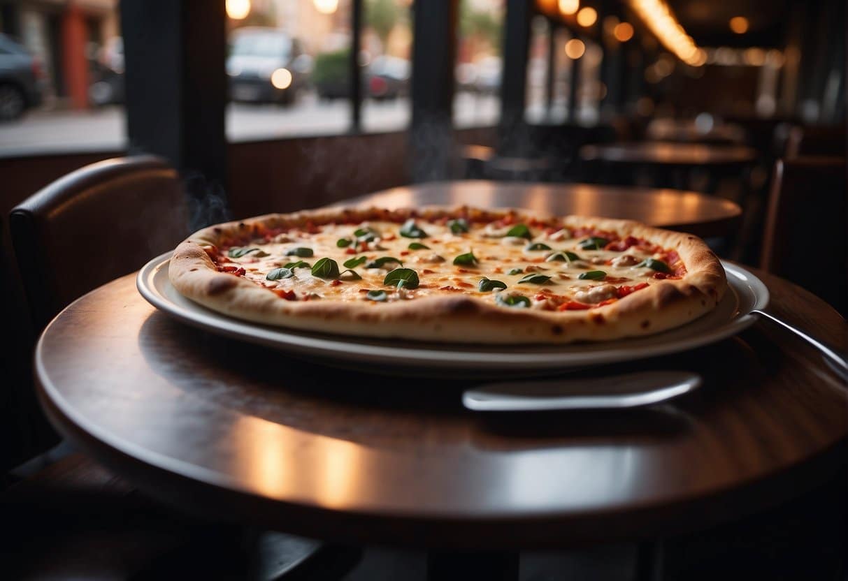 A table with a steaming hot pizza surrounded by empty plates and satisfied customers leaving positive reviews on a restaurant's website