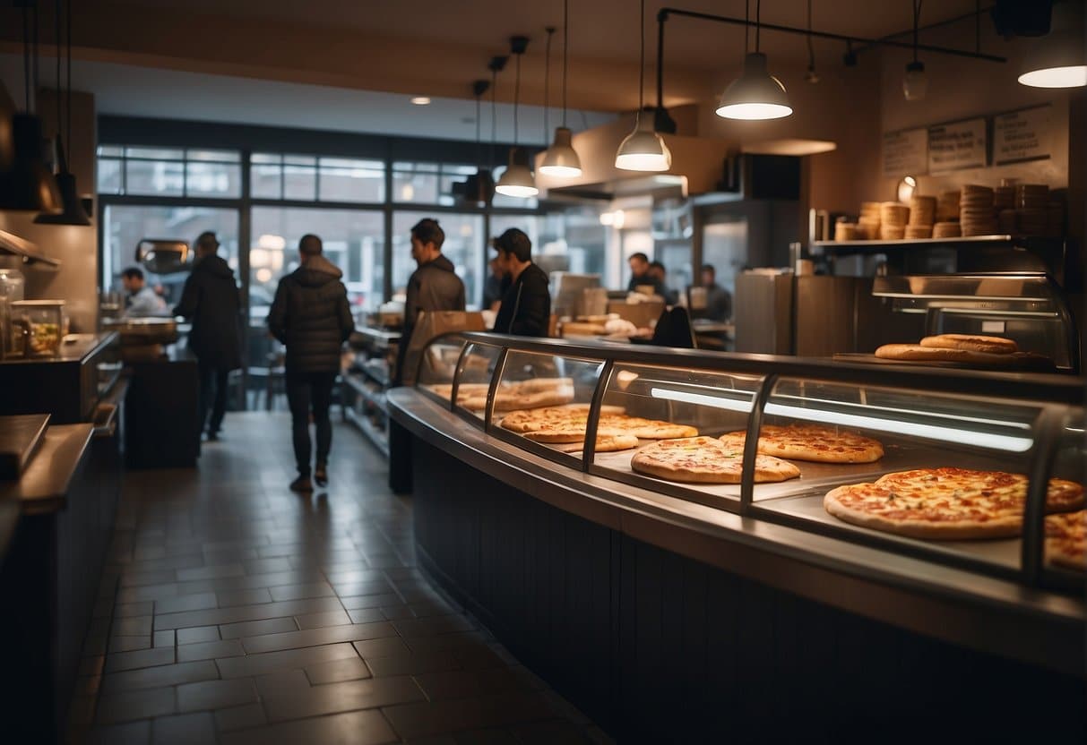 A bustling pizzeria in Hvidovre, with customers enjoying takeout and delivery. The aroma of freshly baked pizza fills the air as staff members work diligently behind the counter