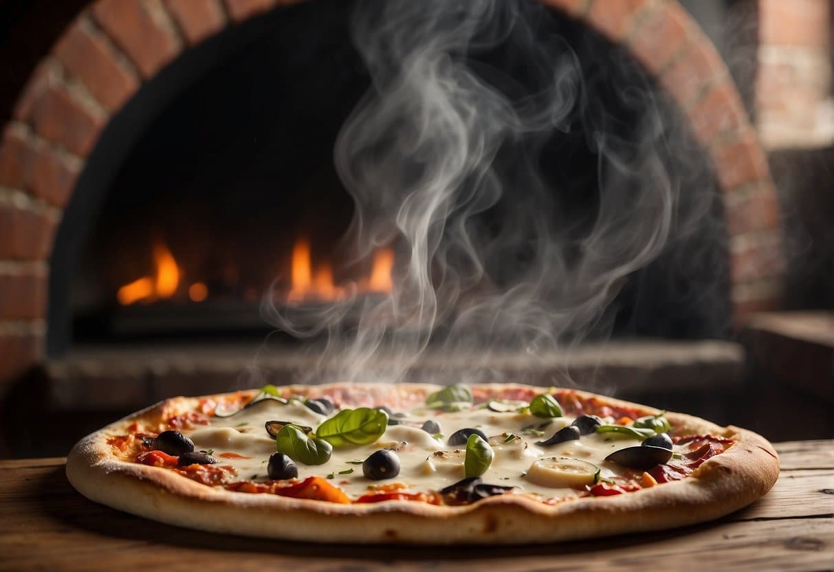 A steaming hot pizza sits on a wooden table, surrounded by fresh ingredients and a rustic brick oven in the background