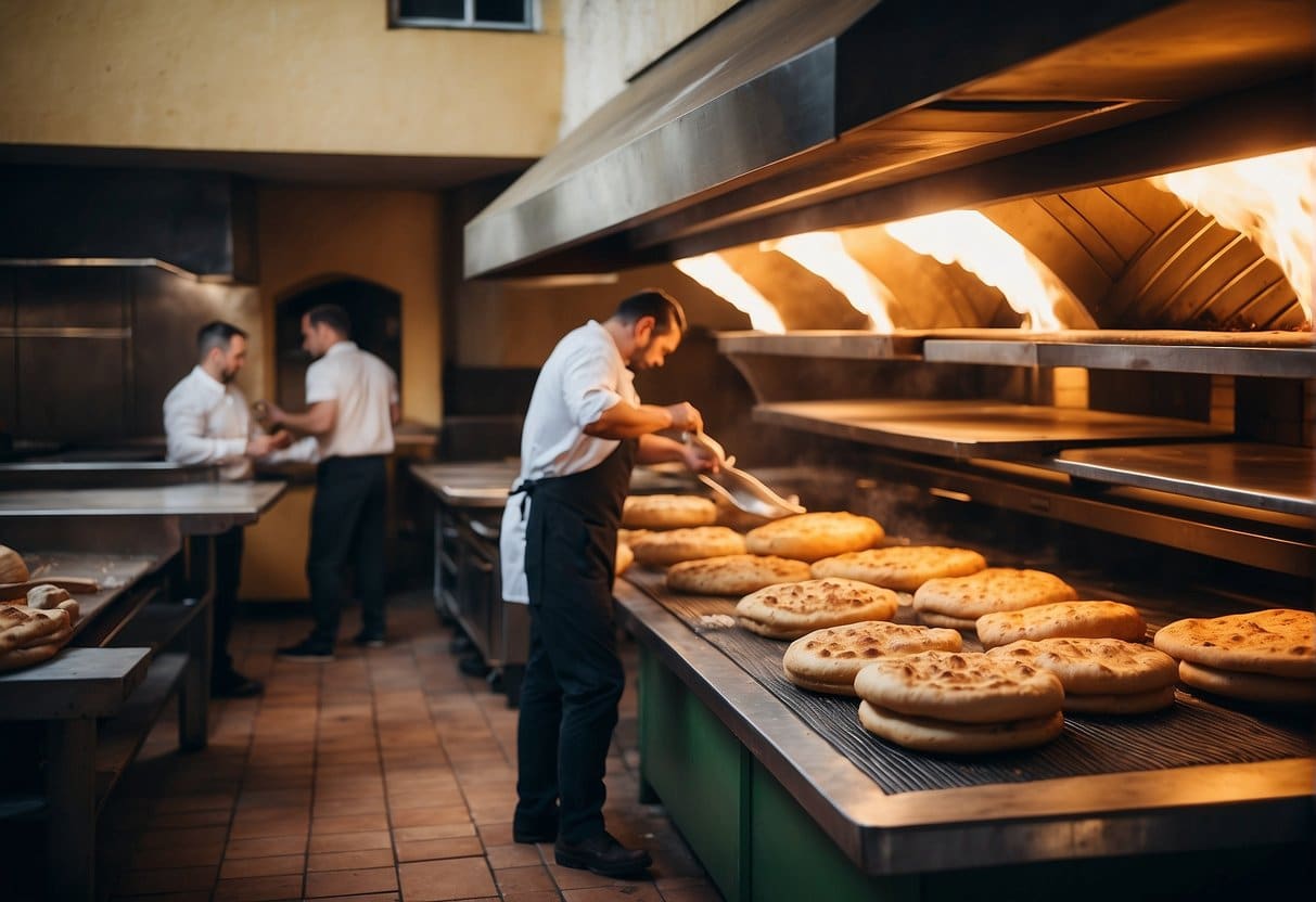 A bustling pizzeria in Hvidovre, with a brick oven, chefs tossing dough, and customers enjoying slices at tables