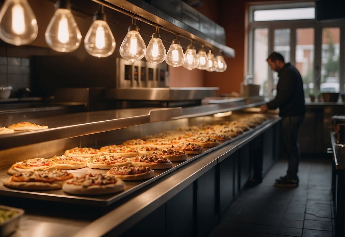 A busy pizzeria with locals enjoying their favorite pizzas in Hvidovre. The aroma of freshly baked pies fills the air as the chefs work behind the counter