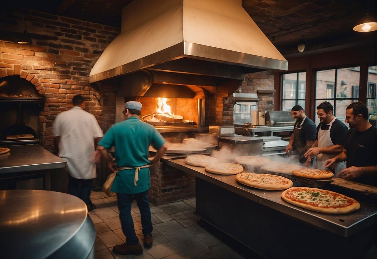 A bustling pizzeria with a brick oven, chefs tossing dough, and customers enjoying slices at tables. Vibrant decor and a lively atmosphere