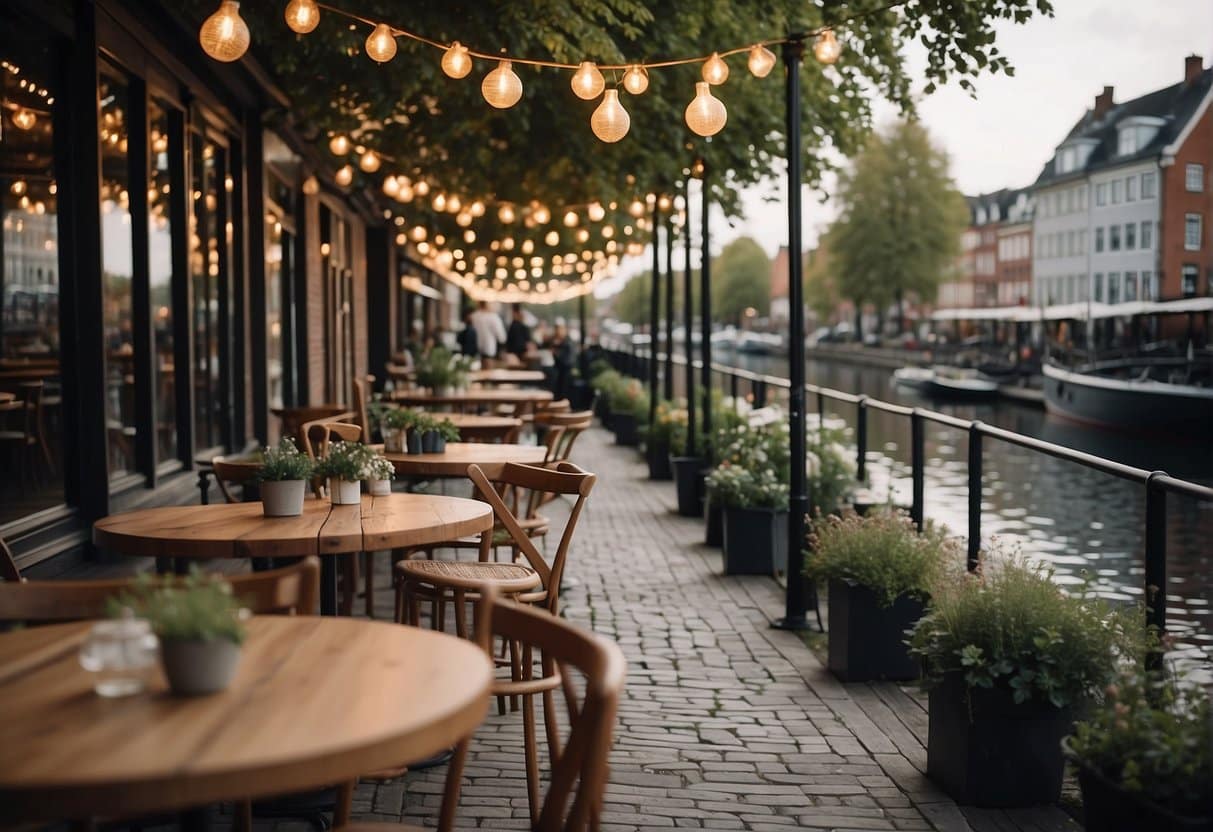 A cozy outdoor cafe with string lights and live music, overlooking a scenic canal in Copenhagen