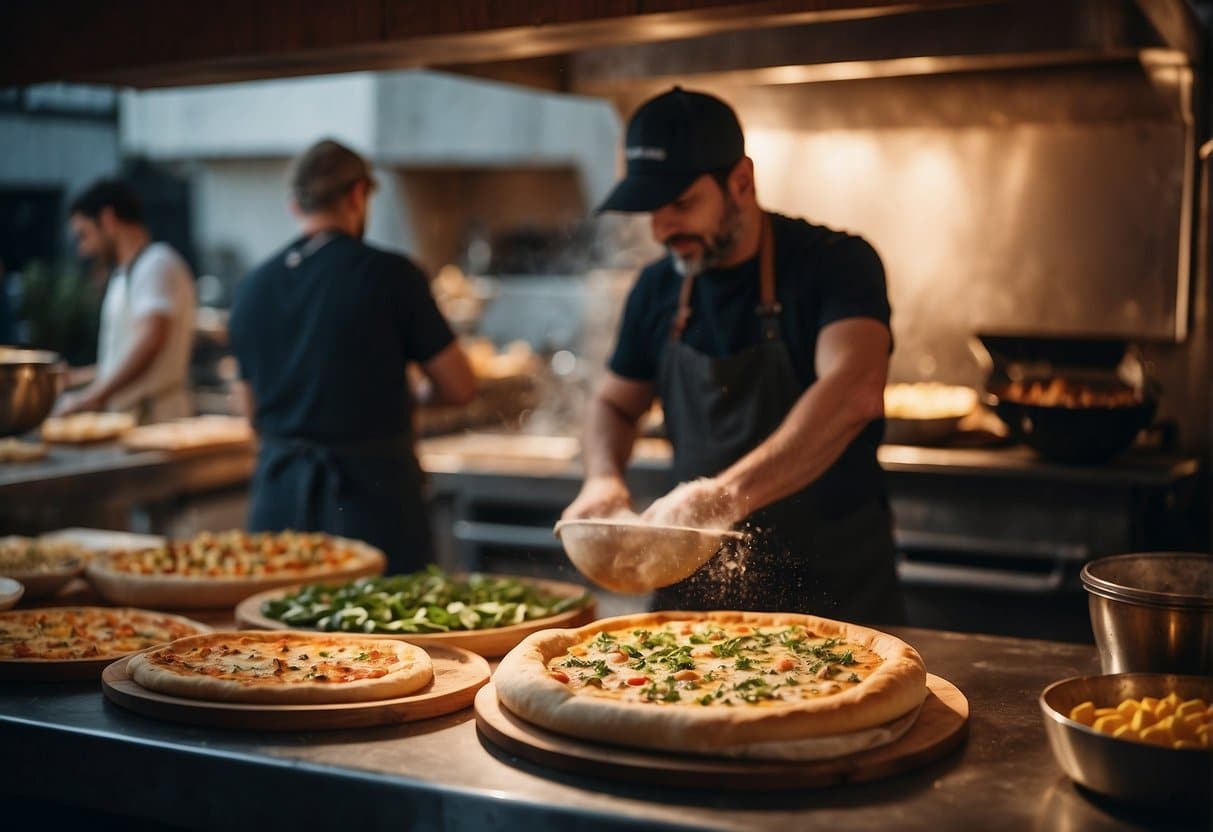 A bustling pizzeria on Nørrebro with a wood-fired oven, chefs tossing dough, and a colorful array of fresh toppings on display